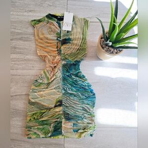 ZARA PRINTED TULLE DRESS GREEN